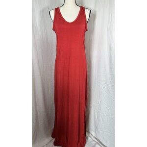 Joan Vass Red Knit Jersey Sleeveless V-Neck Maxi Dress Soft Stretch Women’s S